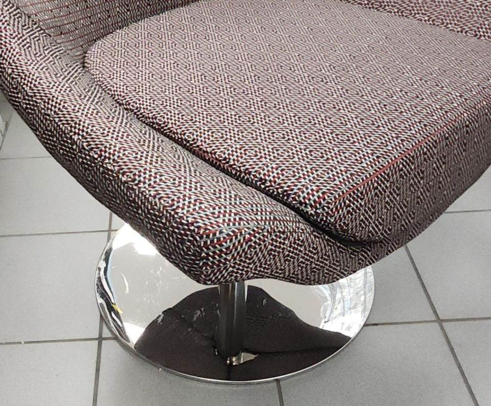 1 Chair/ 2 Personalities. MCM swivel accent side chair w/ heavy chrome base & vibrant 70s fabric. - 9