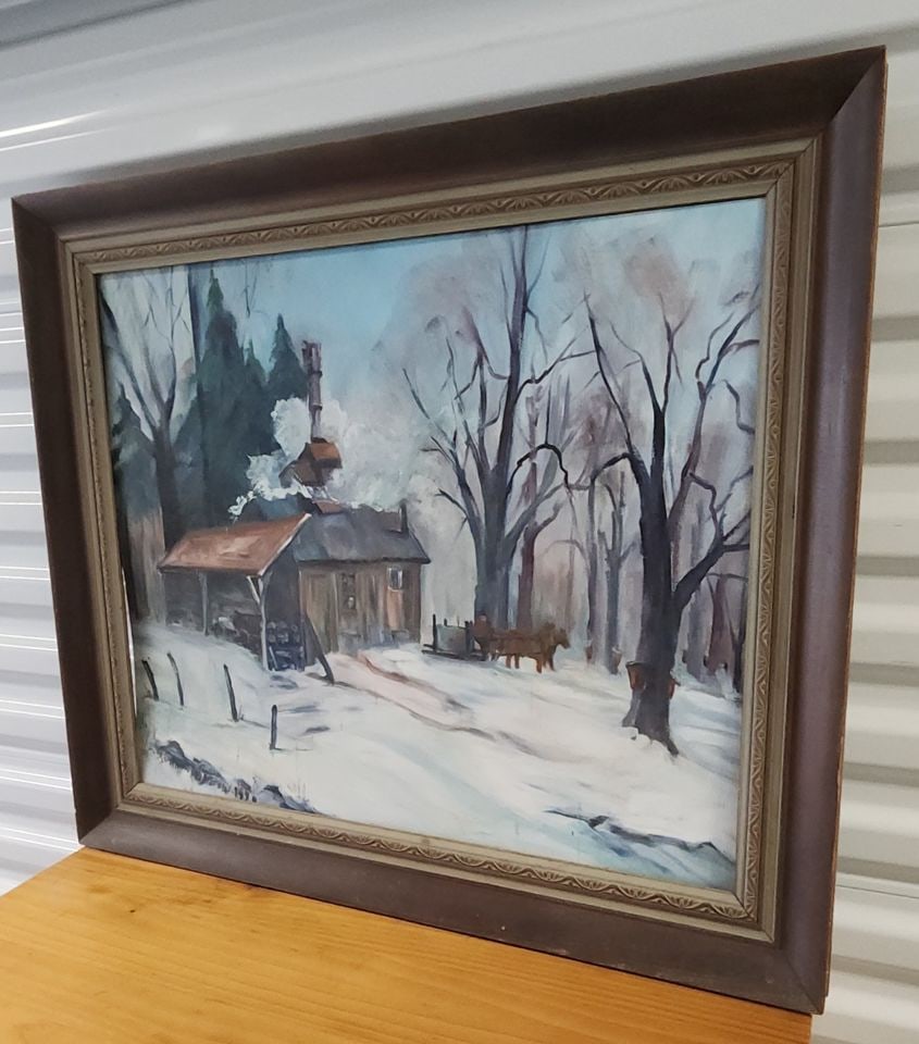 Captivating mid-century impressionist oil painting of snow covered country landscape. Signed.1970s - 3