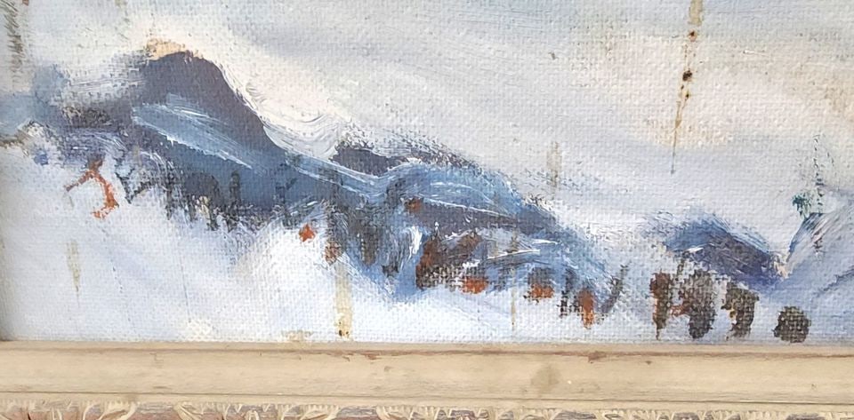 Captivating mid-century impressionist oil painting of snow covered country landscape. Signed.1970s - 6