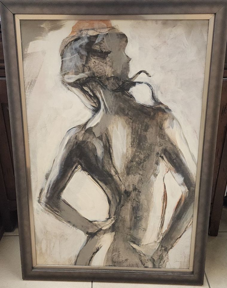 Gesture II by Liz Jardine 28"x40" Abstract Expressionist Textured Oil Painting Reproduction on Board: Abstract expressionist reproduction giclee museum quality print painting on board of Liz Jardine's work Gesture II. This piece is a large-scale figurative work in a monochromatic palette of grey, blac