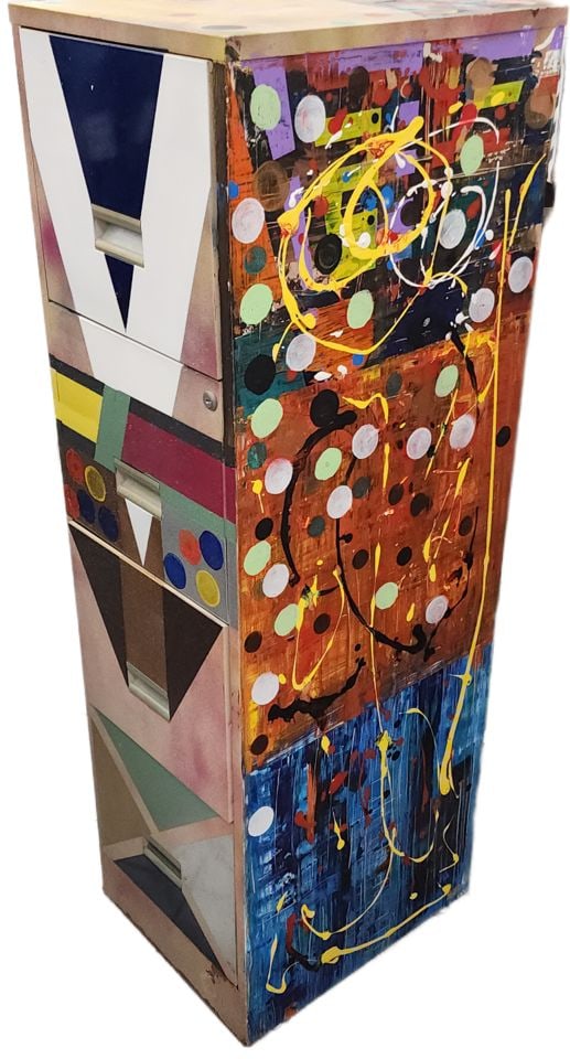 Hand-painted vintage file cabinet w/ a vibrant, eclectic abstract design. Outsider Art at its best.: This unique sculptural work of art featuring bold colors, splattered paint and circular motifs, strongly resembles abstract three-dimensional expressionist painting, a style known for its emphasis on
