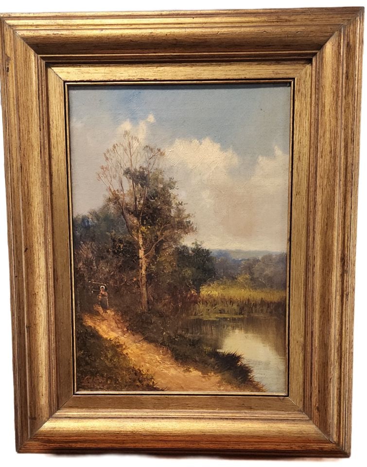 Fabulous Antique Italian Early 20th C. Landscape Oil Painting in the Manner of the Old Masters.: Beautiful vintage oil painting, classic landscape scene with amazing detail. It pictures a girl walking down the path surrounded by trees and a calm river or pond. Mounted in gold gilded frame. This e