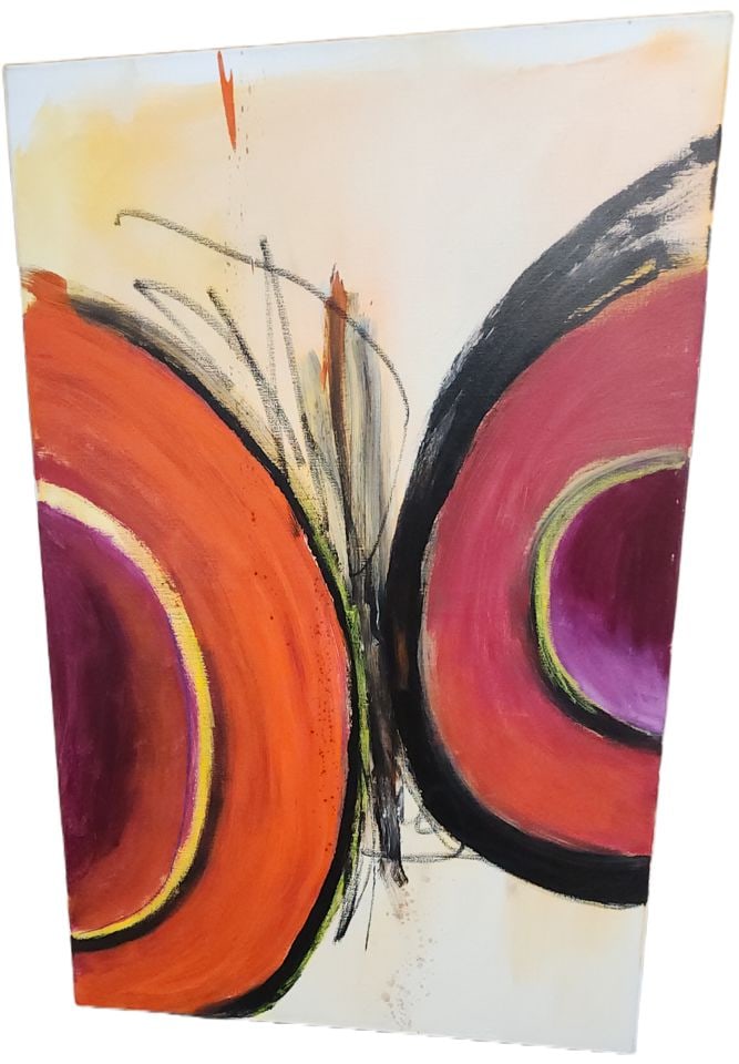 Vibrant modernist abstract oil painting 24x36 w/bold geometric imagery & strong contrasting colors.: Vibrant modernist abstract oil painting 24x36 w/bold geometric imagery & strong contrasting colors. Shipping: Domestic: Shipping rates are determined by destination International: Foreign shipping rat
