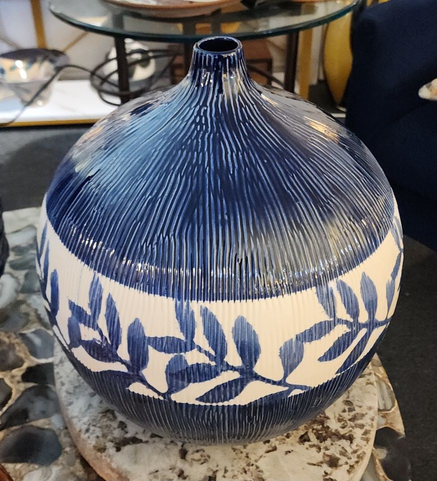 Large Fabulous Designer Hand-Painted Textured Hi-Gloss Ceramic Art Vase. 12" Diamater x 13"H - 2