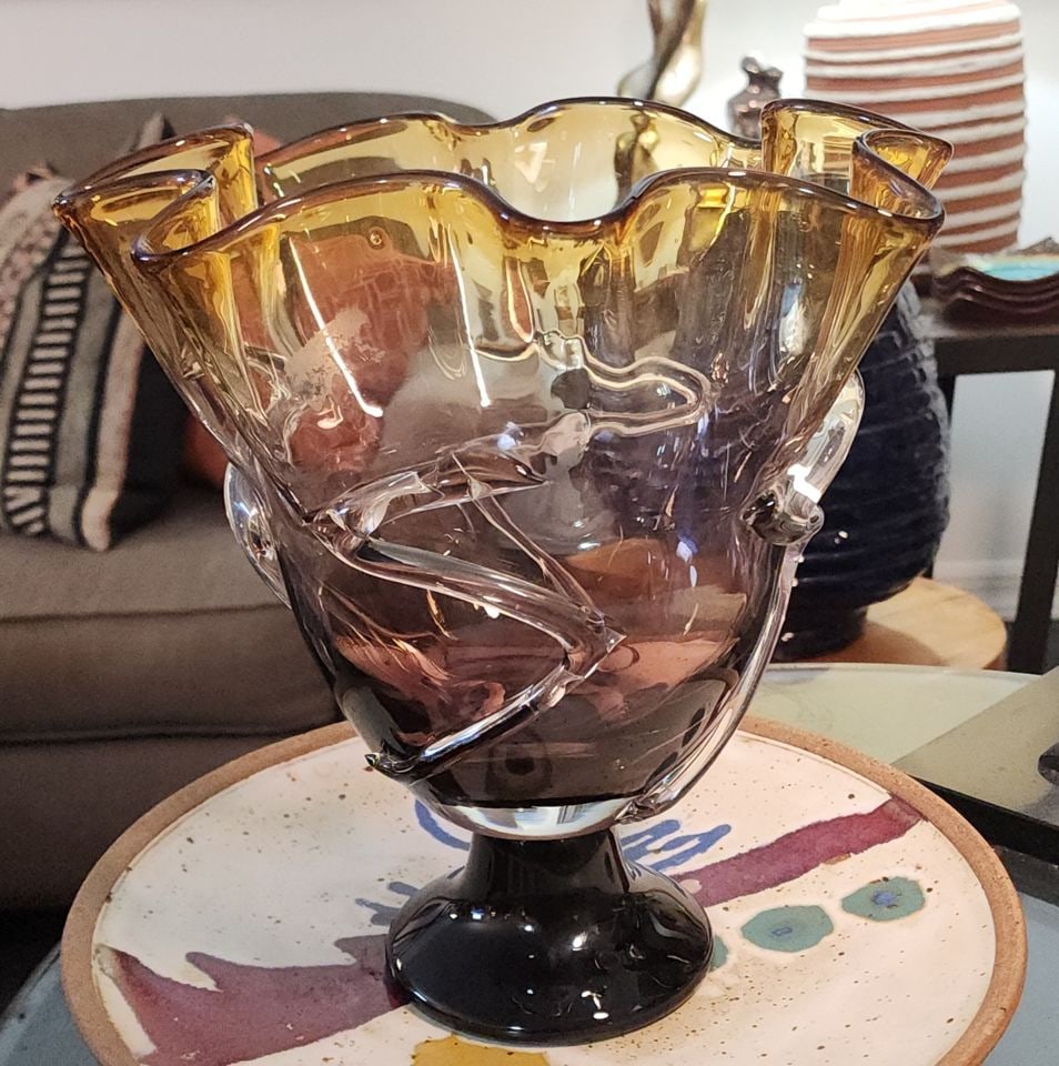 Rare Vintage Hand-Blown Deco Art Glass Ruffled Footed Vase 10D x10H" w/ Clear Glass Ribbon of Piping: Elegant vintage hand-blown deco-style art glass vase with a ruffled rim and a footed base. This rare piece has a wonderful gradient color scheme transitioning from a warm amber at the top to a deep pu