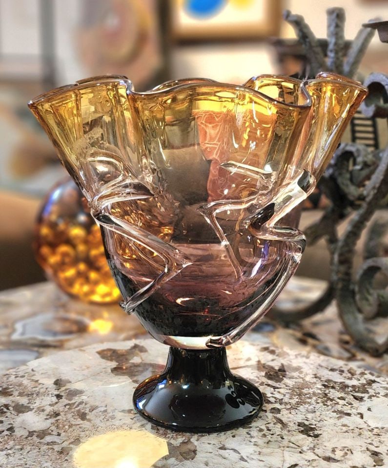 Rare Vintage Hand-Blown Deco Art Glass Ruffled Footed Vase 10D x10H" w/ Clear Glass Ribbon of Piping - 4
