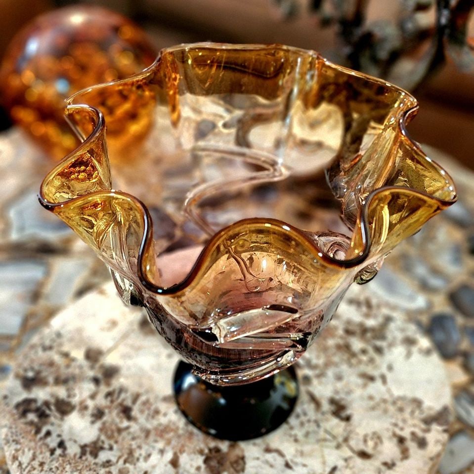 Rare Vintage Hand-Blown Deco Art Glass Ruffled Footed Vase 10D x10H" w/ Clear Glass Ribbon of Piping - 6