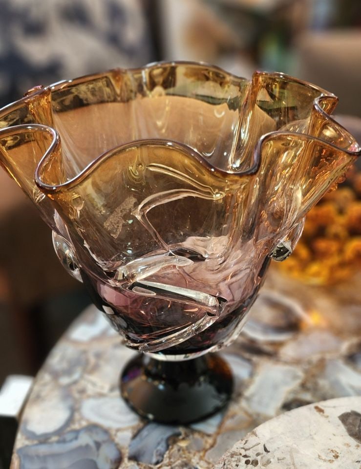 Rare Vintage Hand-Blown Deco Art Glass Ruffled Footed Vase 10D x10H" w/ Clear Glass Ribbon of Piping - 8