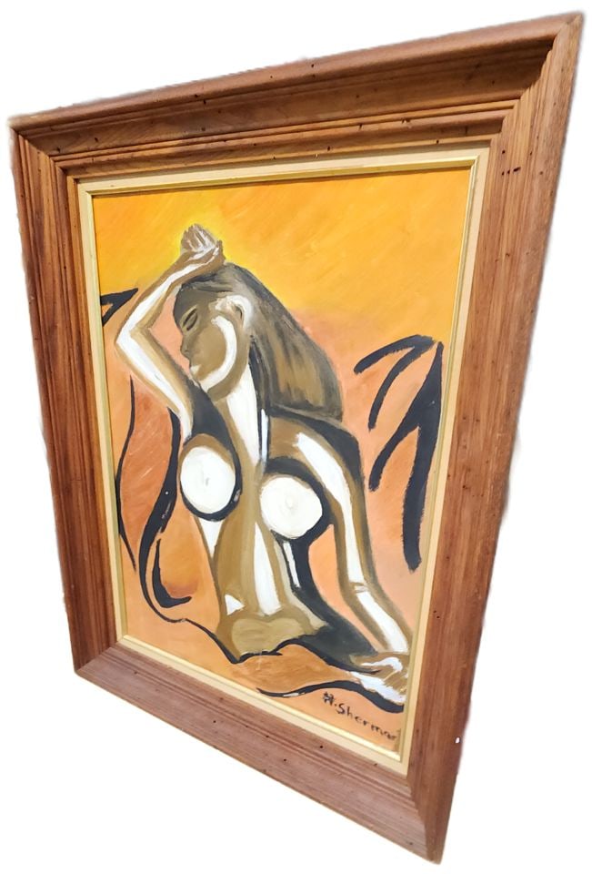 H. Sherman Vintage Mid-Century 24x30 Bold Cubist Abstract Oil Painting of Female Image. Signed. - 4