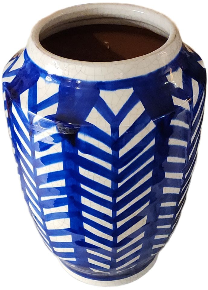 Stunning vintage ceramic art vase hand-painted w/ chevon design and glazed raku crackle finish. 15"H: Vintage hand-painted raku ceramic vase with a blue and white chevron pattern. This piece has a Japanese raku-style crackle glaze finish and a tapered cylindrical shape. Shipping: Domestic: Shipping