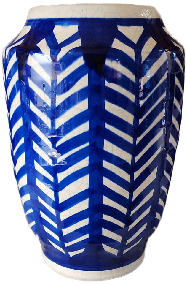 Stunning vintage ceramic art vase hand-painted w/ chevon design and glazed raku crackle finish. 15"H - 2