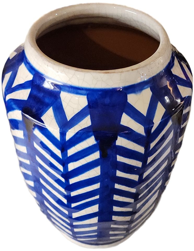 Stunning vintage ceramic art vase hand-painted w/ chevon design and glazed raku crackle finish. 15"H - 3