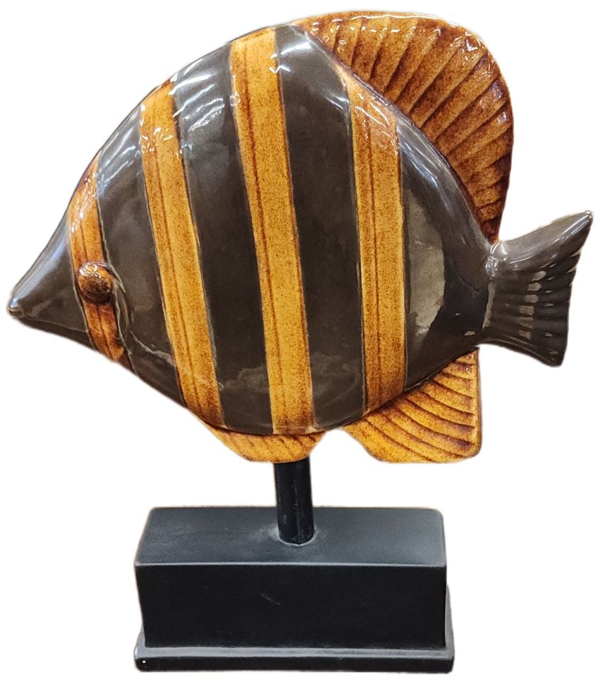 Majestic Vintage Metal Sculpture of Tropical Fish w/ Enameled Ceramic Finish. 12" High: Handcrafted ceramic on metal fish sculpture with bold brown and tan vertical stripes. Has a glazed finish and is mounted on a black rectangular pedestal base. The fish is wonderfully detailed with