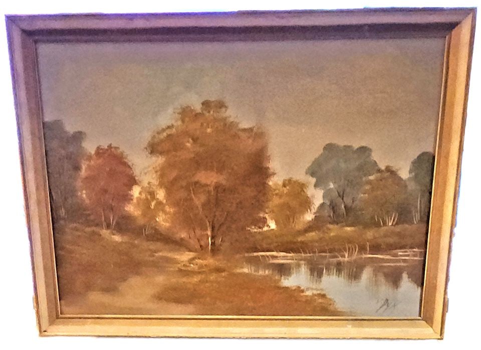 V. Dyk, Dutch 21.5 x 30" impressionist serene landscape oil painting. Signed + Certification Stamp.: Vintage impressionist atmospheric oil painting by Dutch artist, V. Dyk. The work, which was originally painted in Holland, has a certification stamp on the back... initialed by the artist and was sold