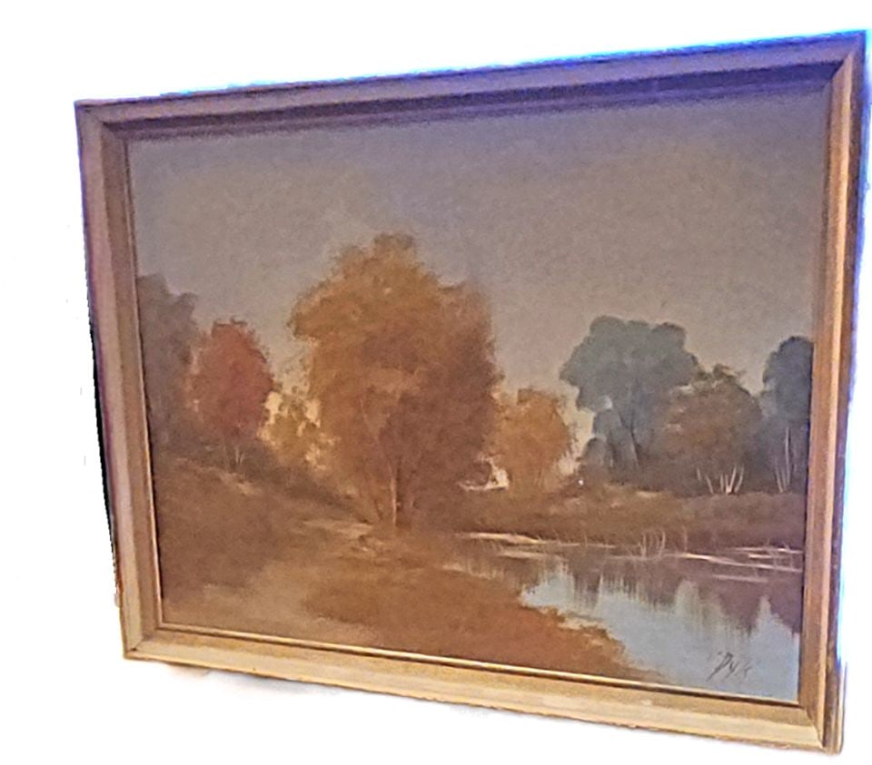 V. Dyk, Dutch 21.5 x 30" impressionist serene landscape oil painting. Signed + Certification Stamp. - 2