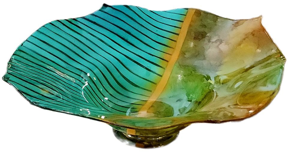 After Dale Chihuly 18Dx7H Vintage Hand-Blown Art Glass Bowl w/ Vibrant Abstract Contrasting Designs.: Vibrant hand-blown sculptural art glass bowl with a large, organic wavy rim. What makes it unique is a dual-patterned design featuring teal blue stripes on one half and a mottled green and amber abstr