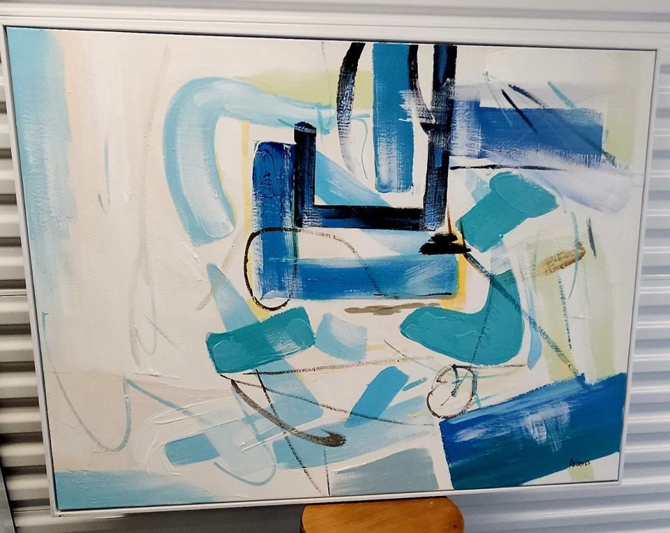 Roberts Large Modern Original Abstract Oil Painting 36"x 48" w/ Bold Impasto Brush Strokes.: Recent bold abstract oil painting by Roberts. Bright blues, teals, and some yellow tones. White frame provides the nice clean look without taking away from the image. Compliment to any modern space.