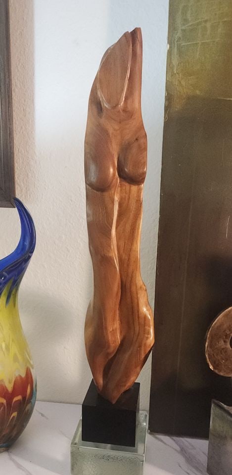 Vintage Mid-Century Hand-Carved Wood Abstract Sculpture of Elegantly Posed Female Figure. 30" Tall. - 3