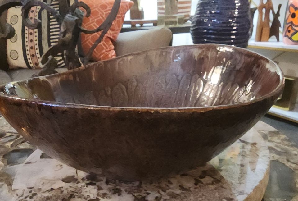 Vintage Sculptural Handcrafted 11"/11.5"D x 5"H Mid-Century Brown Glazed Ceramic Art Bowl - 2