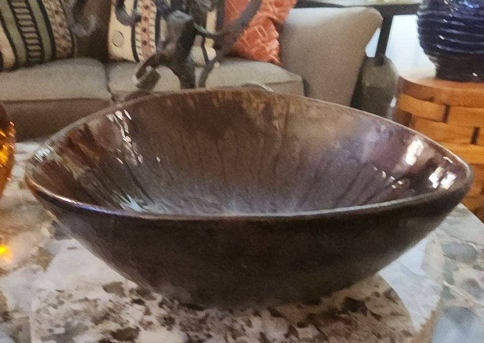 Vintage Sculptural Handcrafted 11"/11.5"D x 5"H Mid-Century Brown Glazed Ceramic Art Bowl - 3