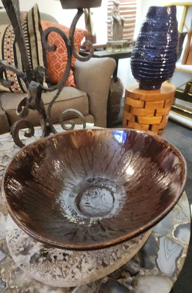 Vintage Sculptural Handcrafted 11"/11.5"D x 5"H Mid-Century Brown Glazed Ceramic Art Bowl - 4