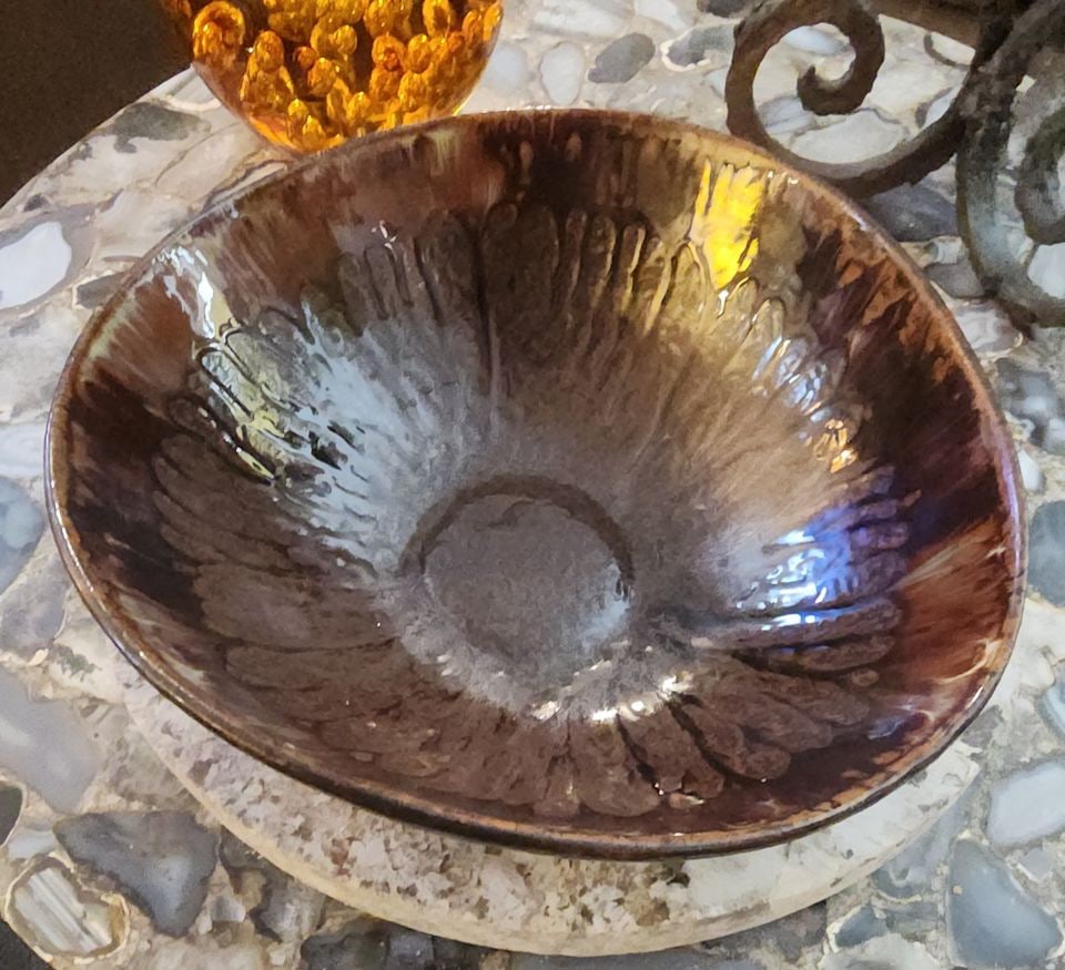 Vintage Sculptural Handcrafted 11"/11.5"D x 5"H Mid-Century Brown Glazed Ceramic Art Bowl - 5