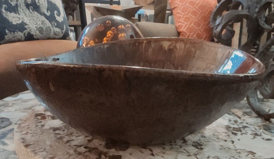 Vintage Sculptural Handcrafted 11"/11.5"D x 5"H Mid-Century Brown Glazed Ceramic Art Bowl - 6