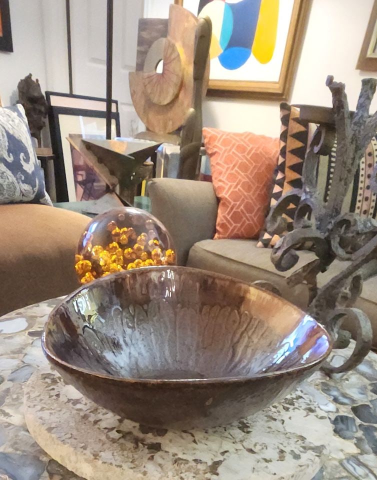 Vintage Sculptural Handcrafted 11"/11.5"D x 5"H Mid-Century Brown Glazed Ceramic Art Bowl - 7