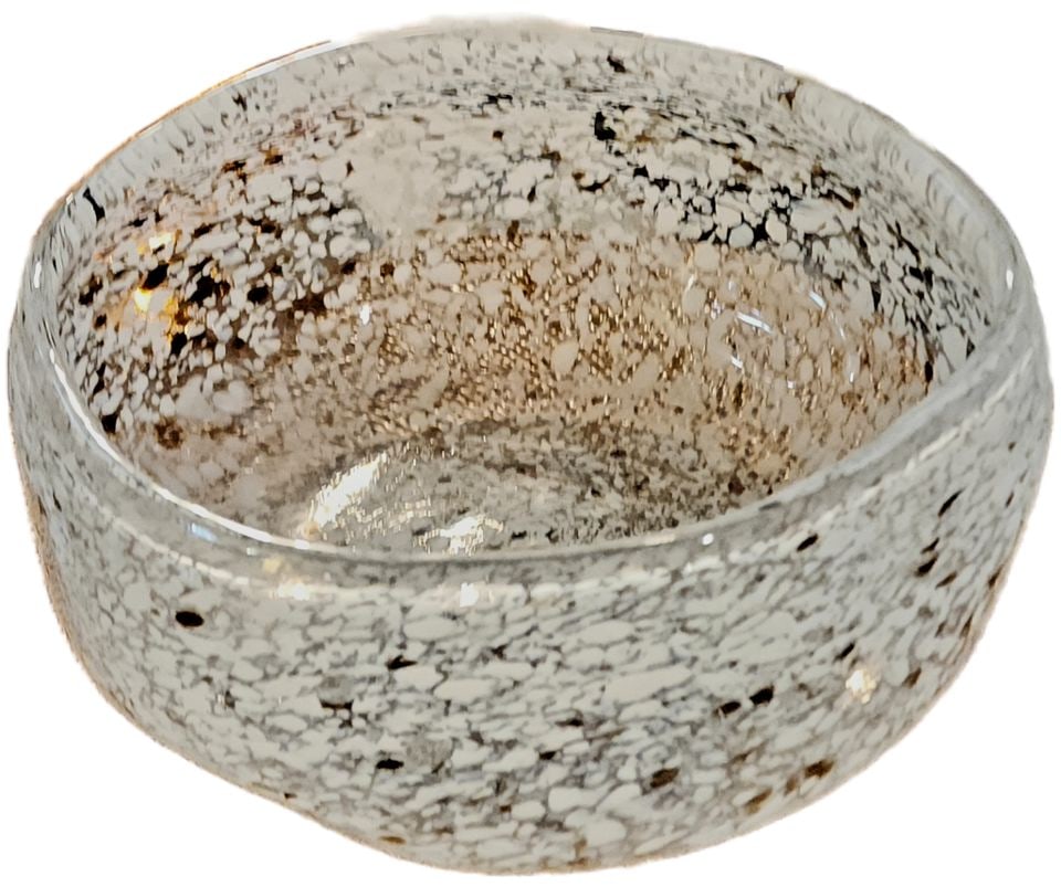 Vintage Elegant Hand-Blown White and Gold Speckled Art Glass Bowl. 11x10x4D: Masterful hand-blown clear art glass bowl with a white and gold speckled pattern. This piece is made of thick glass and has a smooth, rounded rim. The interior and exterior have a textured appearance