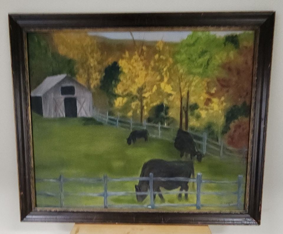 André Rougeot, Vintage Impressionist Naive-Style Original Oil Painting of Country Farm Scene.: Signed A. Rougeot, André Rougeot is 20th-century French landscape artist known for creating impressionistic landscapes and pastoral country scenes. This is a wonderful collector level piece that 