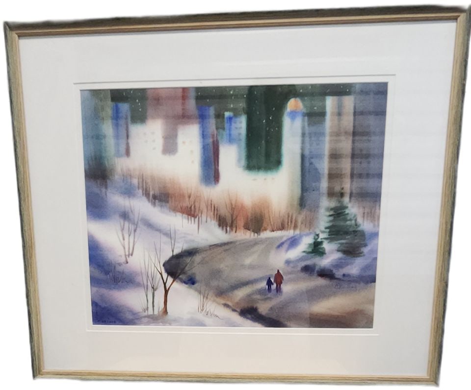Carol Reilley, "A Winter Walk" Captivating Signed Impressionist Lithograph Framed under Glass: A wonderful artwork by Carol Reilley. This signed lithograph has a beautiful winter scene with snow, bare trees, and evergreen trees against the backdrop of city images. You can see two people walking
