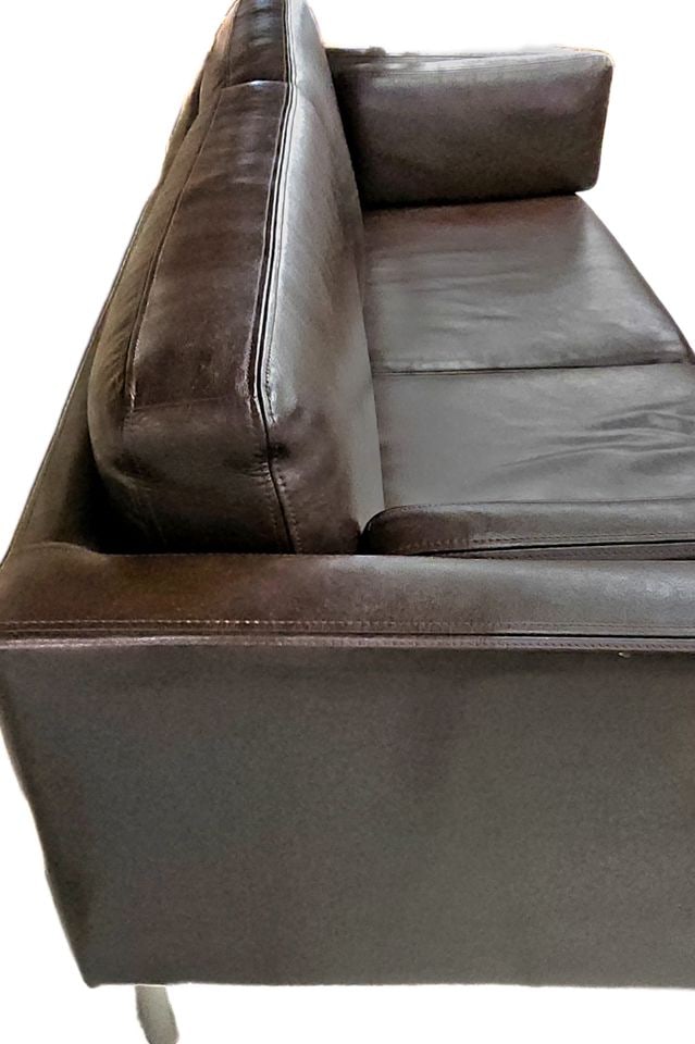 Hi-Design contemporary modern low-profile stitched leather sofa. Rich dark brown w/ chrome legs. - 2