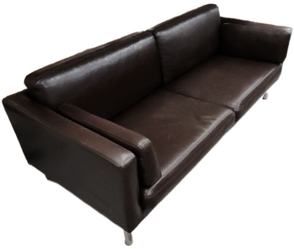 Hi-Design contemporary modern low-profile stitched leather sofa. Rich dark brown w/ chrome legs. - 3