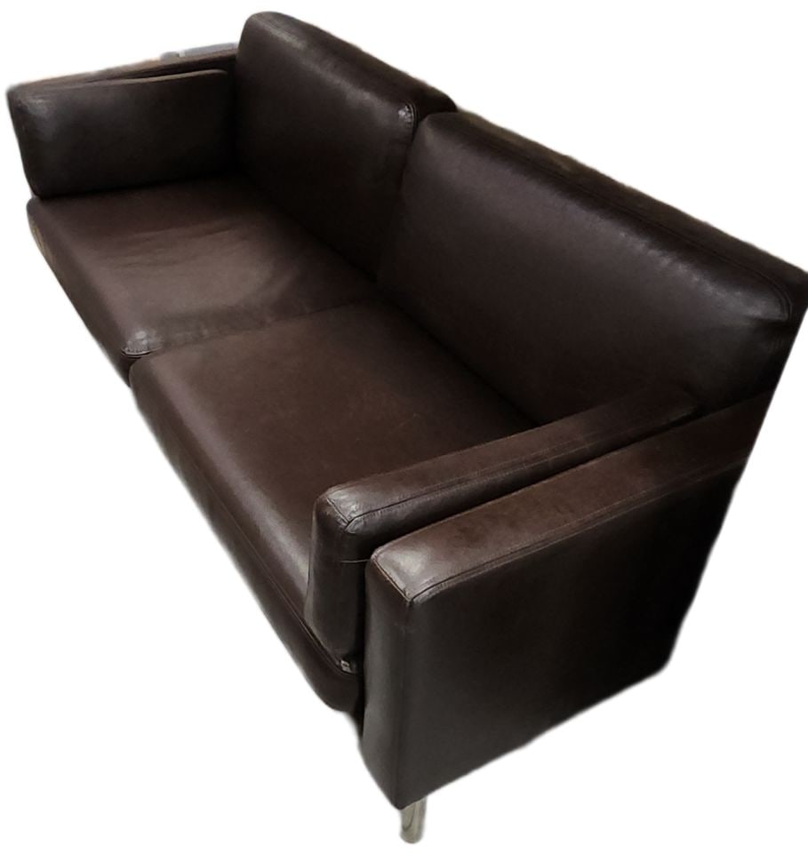 Hi-Design contemporary modern low-profile stitched leather sofa. Rich dark brown w/ chrome legs. - 4