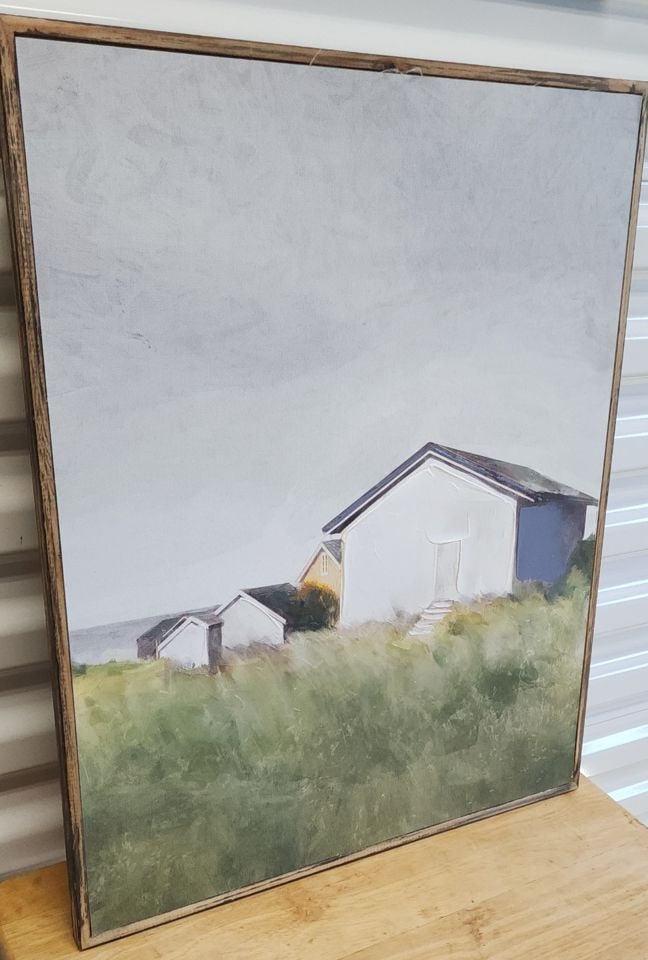 Serene minimalist vintage oil painting of house by the sea w/ grassy wetland in the foreground.: Serene minimalist vintage oil painting of house by the sea w/ grassy wetland in the foreground. Shipping: Domestic: Shipping rates are determined by destination International: Foreign shipping rates a