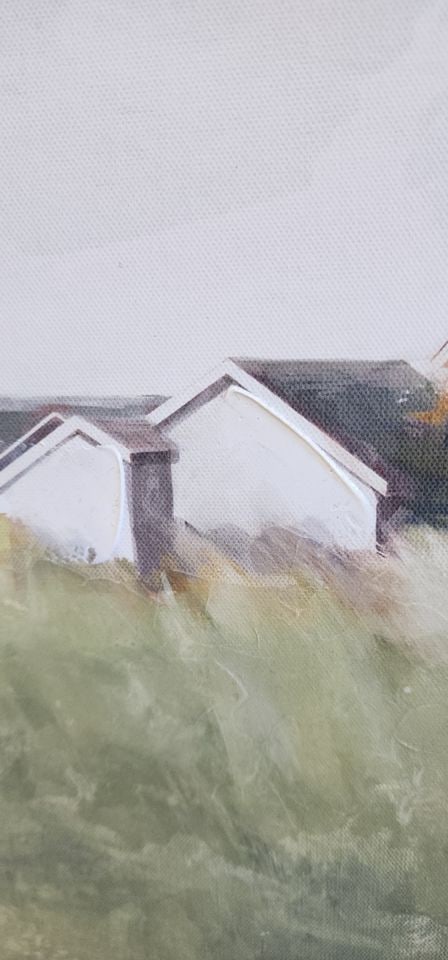 Serene minimalist vintage oil painting of house by the sea w/ grassy wetland in the foreground. - 4