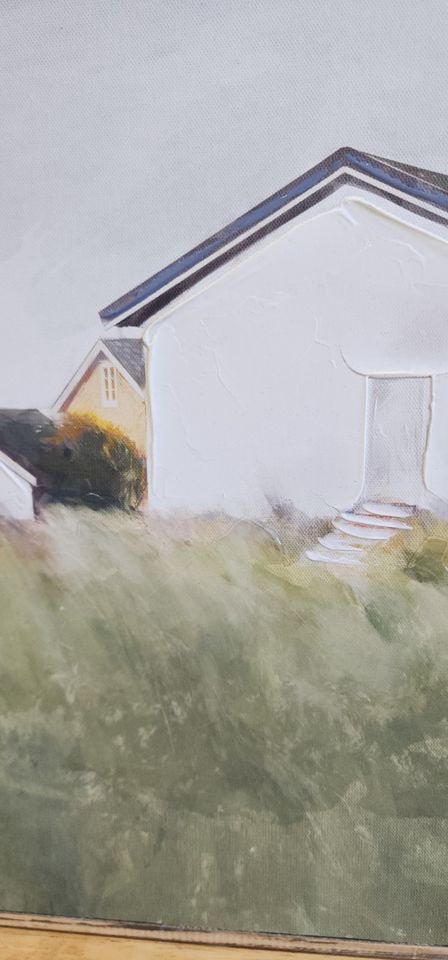 Serene minimalist vintage oil painting of house by the sea w/ grassy wetland in the foreground. - 5