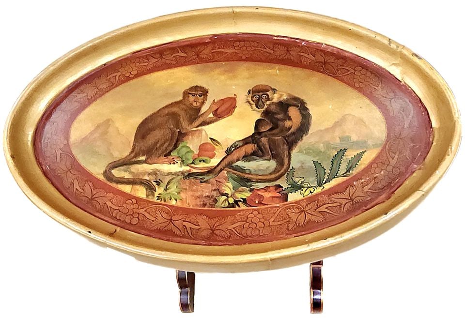 Ethan Allen 20x13x24h Vintage Hand-Painted Capuchin Monkey Oval Side Table: A real conversation piece and collectible. As shown in the photos, some repairs have been done to the frame around the top the table. Not immediately noticeable and in my opinion does not detract from