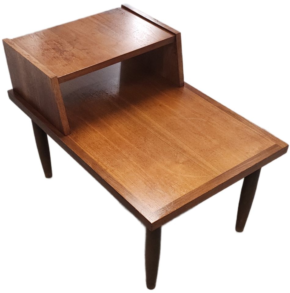 Pair of Vintage Mid-Century Modern "American of Martinsville" Walnut Two-Tone Step-Up Side Tables.: These vintage rare mid-century modern step-up side tables are constructed from walnut wood with a two-tone finish. Each table has a tiered design with a raised back shelf and tapered legs. The wood gr