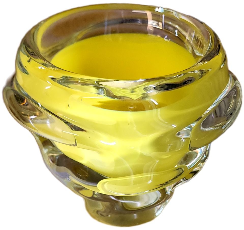 Cool Vintage Handmade Czech Sculptural Art Glass Vase. Heavy w/ Thick Glass 4"x 5".: Vibrant yellow art glass vase is handmade in the Czech Republic. It has a unique swirled design. Made with thick clear glass w/ interior embedded yellow color. Makes a very strong artistic statement. 