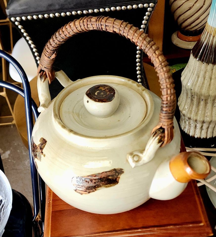 Vintage Large Japanese Artisan Stoneware Ceramic Teapot w/ Woven Bamboo Handle (1 of 3)