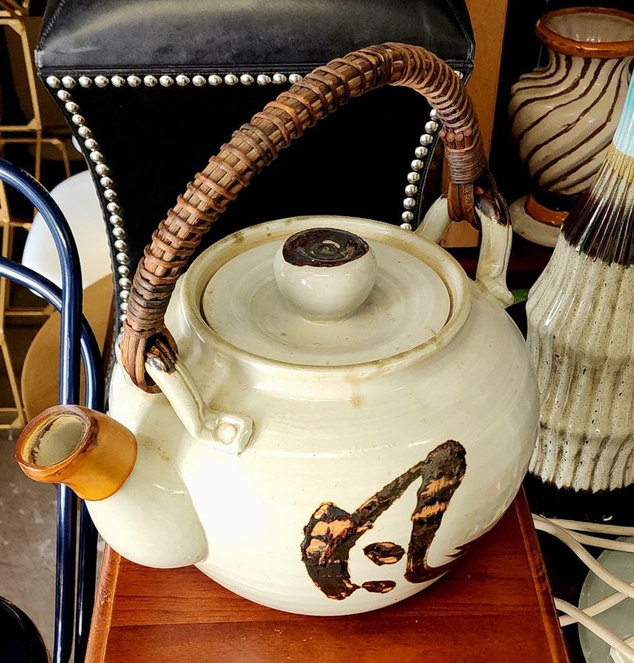 Vintage Large Japanese Artisan Stoneware Ceramic Teapot w/ Woven Bamboo Handle - 2
