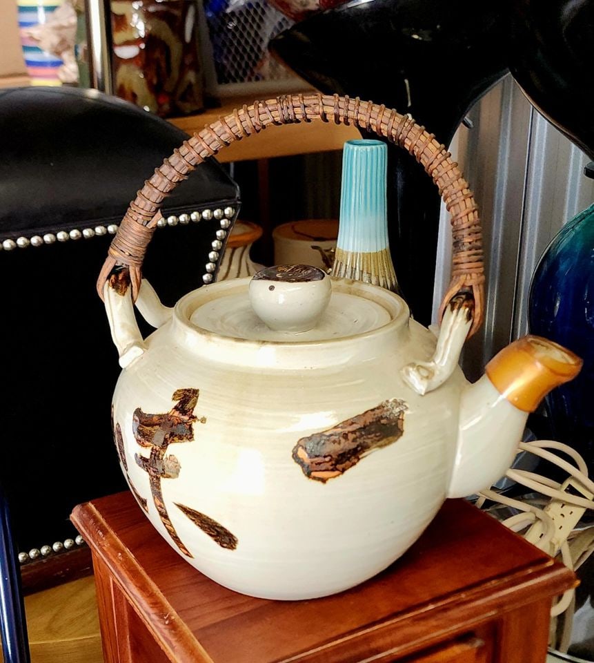 Vintage Large Japanese Artisan Stoneware Ceramic Teapot w/ Woven Bamboo Handle - 3