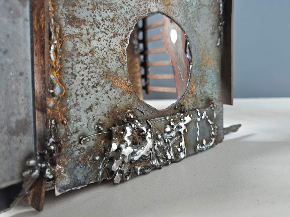 Alfred DiMaio “Securing the Border II” Brutalist Torched Steel Welded Sculpture. 33W x - 6