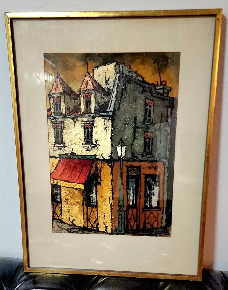 Maurice Le Cunff, signed Mid-Century impressionist oil painting w/ rich texture & cubist influences.: This is an original oil painting under glass by the French artist Maurice Le Cunff, likely from the mid-20th century. The painting depicts a French country cityscape with a hint of Cubism in its style