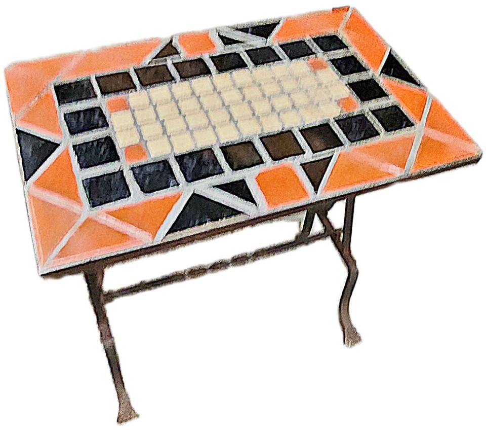 Antique 24"x15" Art Deco Volcanic Red Orange Glazed Mosaic Tile Top Iron Base Side or Garden Table.: Handcrafted Deco-Style side table has a rectangular mosaic tile top with orange, black, and white geometric patterns. The base is made of dark metal with curved legs and a decorative crossbar. Shippin
