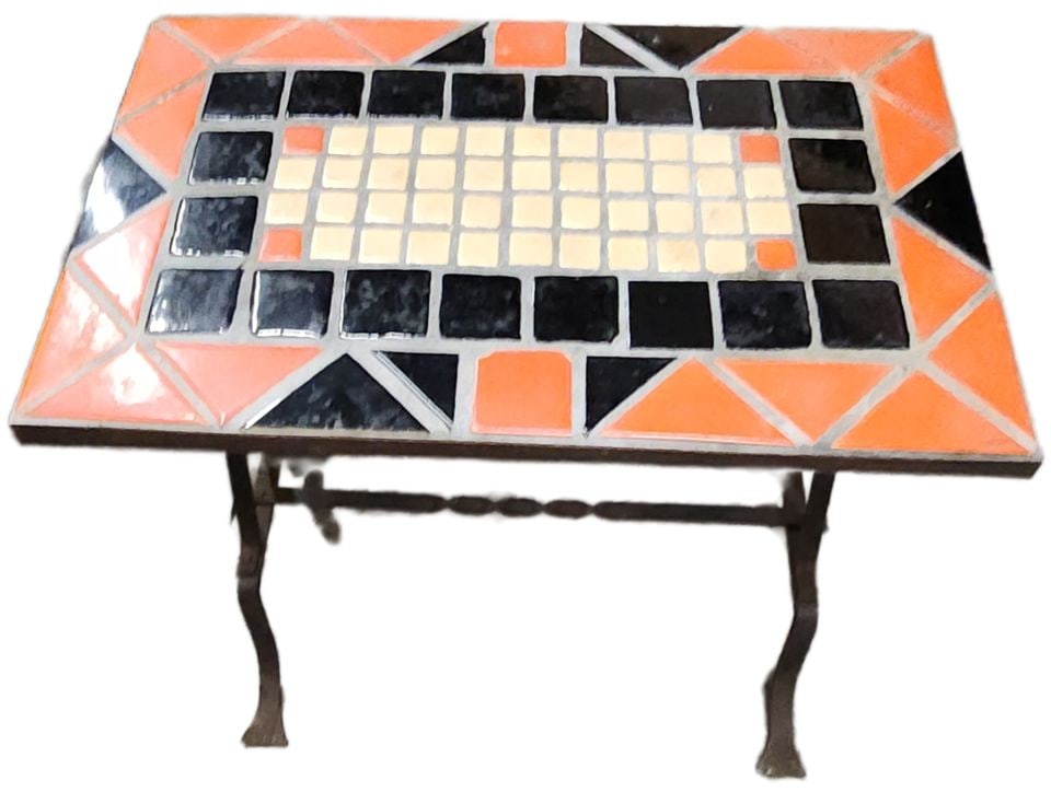 Antique 24"x15" Art Deco Volcanic Red Orange Glazed Mosaic Tile Top Iron Base Side or Garden Table. - 2