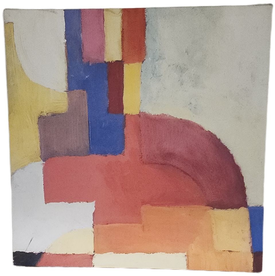 Vintage pair of bold abstract giclee canvas prints. Circa '99 Commissioned by IKEA in Great Britain.: Complimentary pair of abstract giclee canvas prints. One with bold red, orange, yellow, blue, pink, brown, and white colors with geometric and curved shapes. The other print has prominent green, dark 