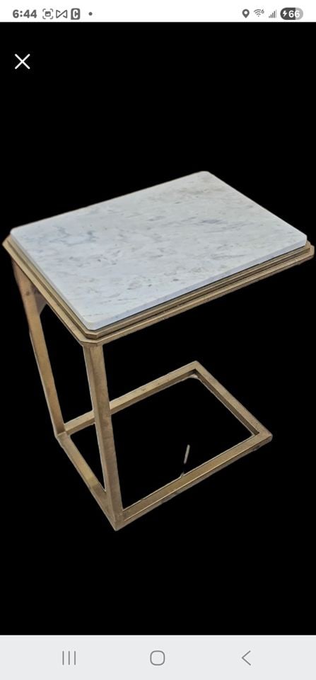 Vintage Deco-Style C-Shaped End Table w/ Set-In Marble Top & Bronze Finished Base. 20W x 14D x 21H (1 of 7)