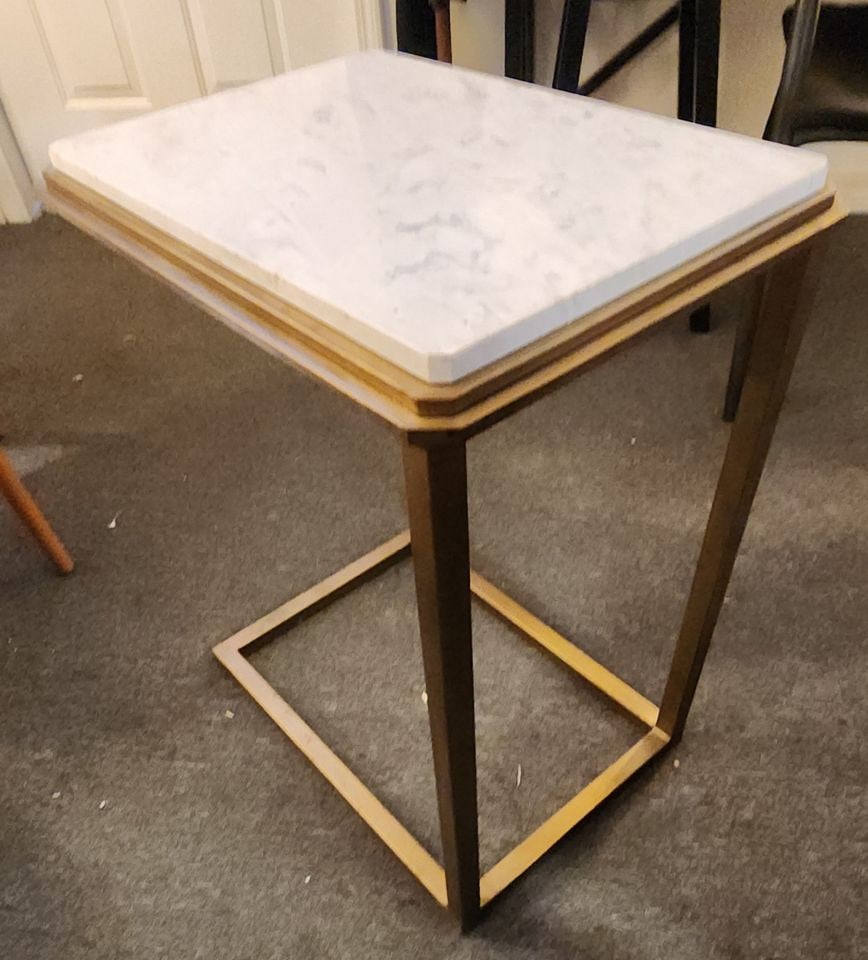 Vintage Deco-Style C-Shaped End Table w/ Set-In Marble Top & Bronze Finished Base. 20W x 14D x 21H - 2